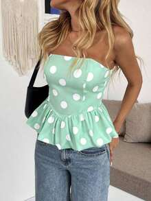 Top bandeau con dobladillo de peplum con estampado de lunares de moda para mujer - Verde - Ver 7