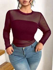 Camiseta básica negra de manga larga con cuello redondo y malla, talla grande y versátil, sexy - Burdeos - Ver 6
