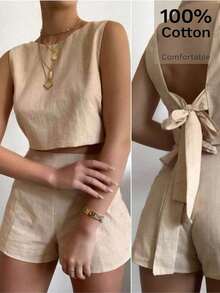 Conjunto de 2 piezas de blusa sin mangas con detalle de lazo y pantalón corto de 100% algodón para mujer, conjunto casual de verano, conjunto de lino - Caqui - Ver 11