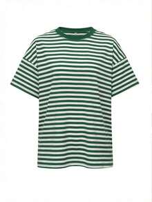 Camiseta casual de mujer  de cuello redondo holgado, camiseta de manga corta de ajuste ceñido con parches a rayas minimalista, adecuada para primavera/verano, ideal para el Día de San Valentín - Verde - Ver 3