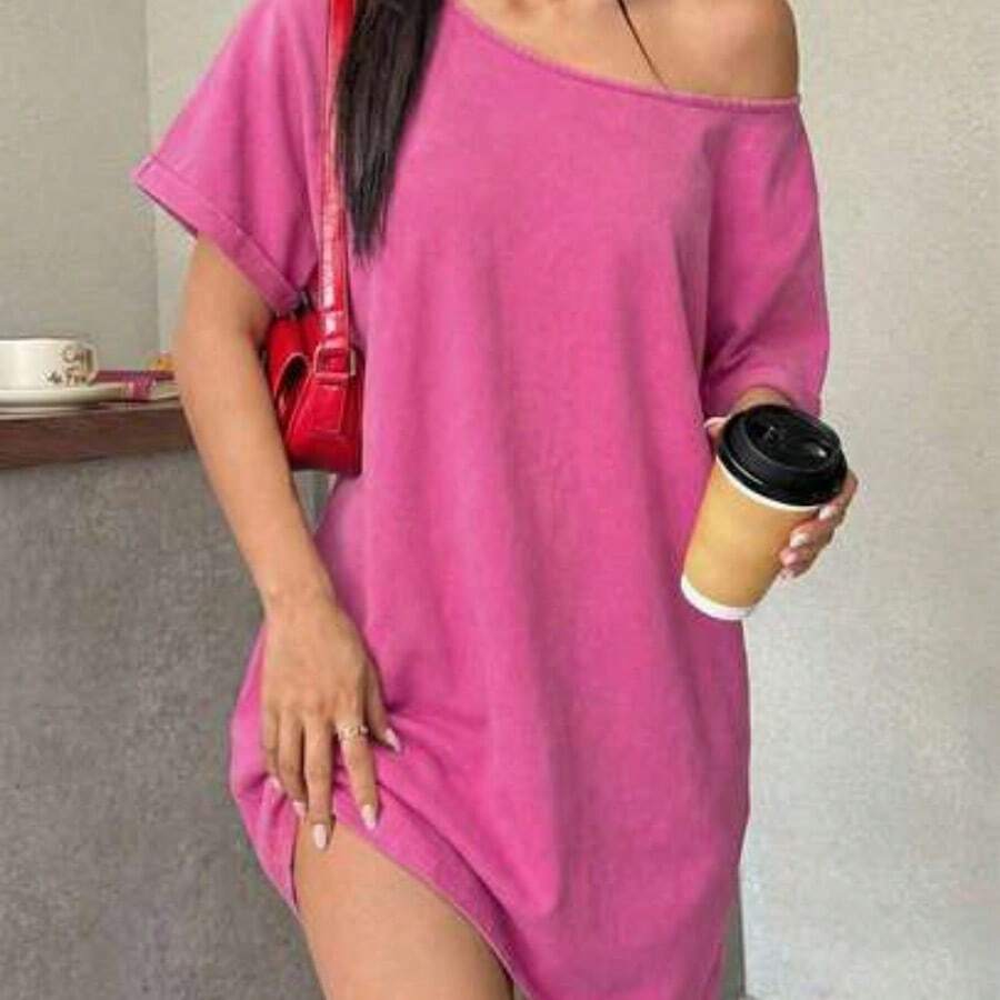 Vintage Washed Loose Cold-Shoulder T-Shirt Dress, Western Music Festival Style, Summer Loose Summer Dress Comfy Dress T Shirt Dresses For Women Lounge Dress Off Shoulder Dresses For Woman ,Summer Dress Loose Dress T Shirt Dress For Women - Rosa Fucsia - Ver 1