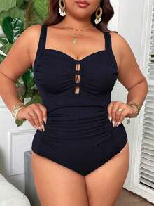 Traje de baño de una pieza con cuello cuadrado, fruncido y control de abdomen, de unicolor acanalado, de talla grande, minimalista para uso diario - Azul marino - Ver 3