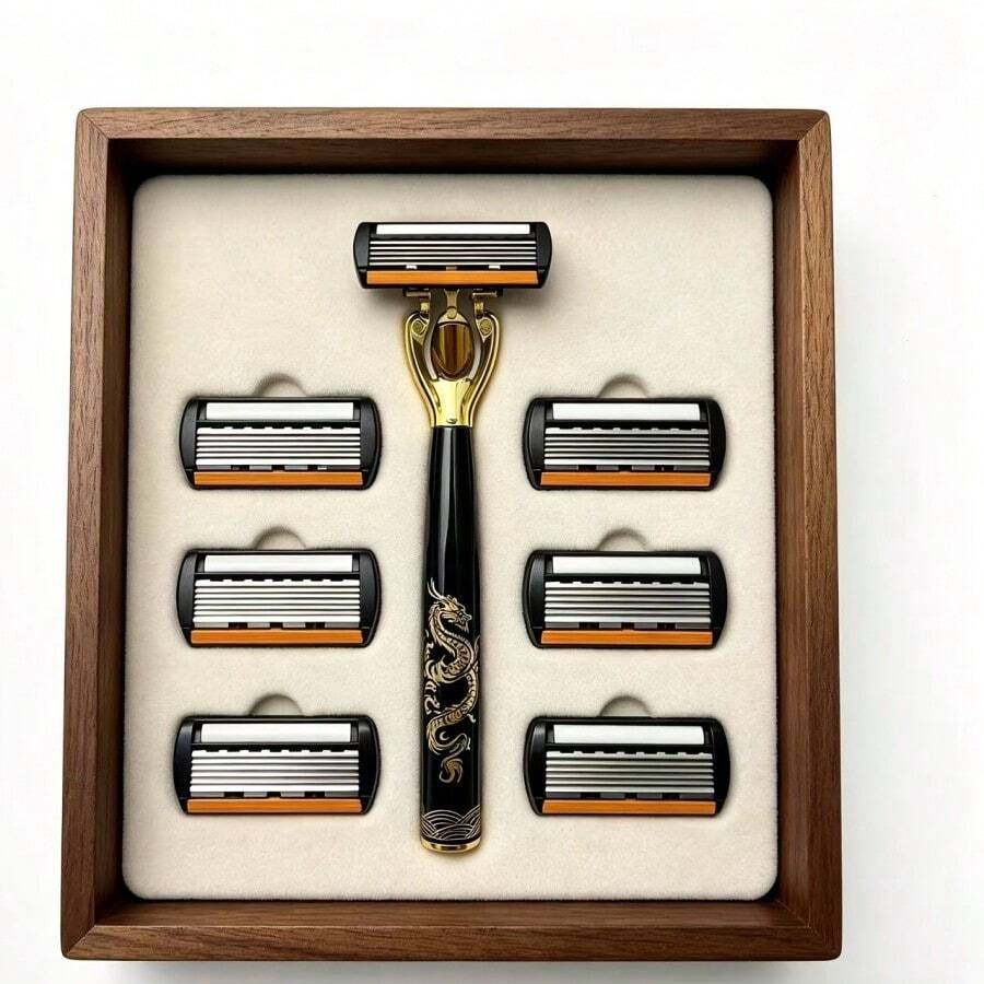 1pc Razor + 18pcs Blades, 6-Layer Safety Manual Shaving Razor, Engraved Dragon Pattern Shaving Tool, Men's Beard Care Products