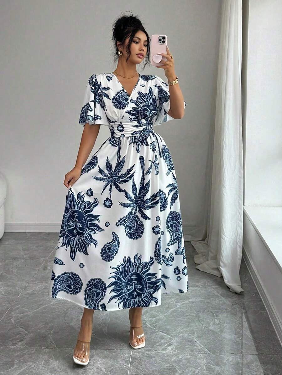 Vestido midi elegante con cuello en V cruzado, de manga corta y estampado de lunares para mujer - Azul y blanco - Ver 1