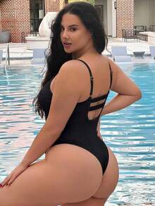 Traje de baño de una pieza con tirantes finos de unicolor para tallas grandes - Negro 2 - Ver 4