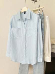 Blusa de mujer de manga larga con hombros caídos y rayas, Blusas de manga larga - Azul 2 - Ver 4