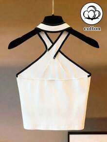 Blusa de cuello halter blanca con ribete negro.Ropa de playa, adecuada para otoño e invierno, uso casual en la oficina, versátil, Navidad, Año Nuevo, uso casual y elegante diario, atuendo profesional de maestro urbano - Blanco y Negro - Ver 2