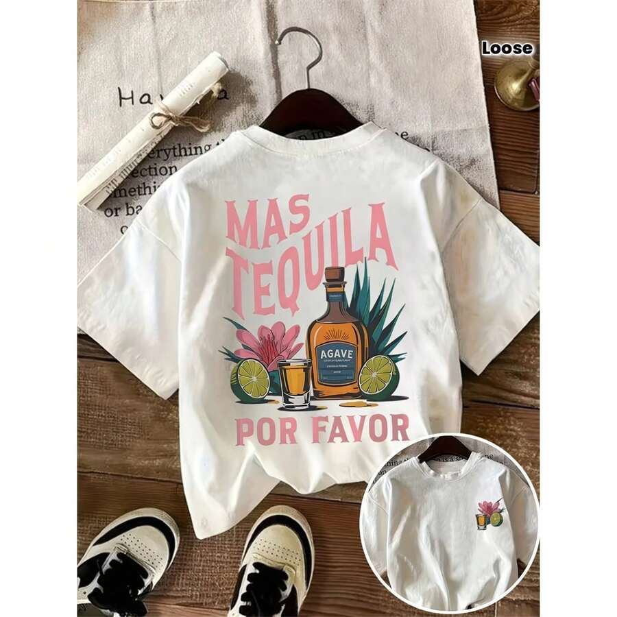 Camiseta divertida con frase "ás tequila por favor" diseño botella agave y limones estilo mexicano - Negro - Ver 1