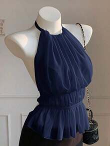 Camiseta sin espalda con cuello halter y espalda con lazo fruncido - Azul marino - Ver 3