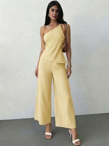 Nueva llegada Primavera/Verano Elegante Top casual de lino color albaricoque con dobladillo asimétrico, espalda descubierta y cintura fruncida - Amarillo claro - Ver 3