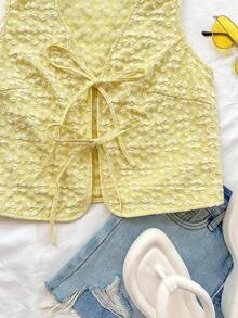 superior informal con escote en V y lazo delantero para mujer, de tela texturizada amarilla, para otoño/invierno - Amarillo - Ver 5