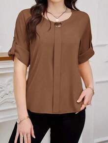 Clasi Blusa casual sencilla para uso diario con cuello redondo, manga corta y botones delanteros para mujer - Marrón - Ver 5