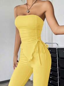 Conjunto de dos piezas con top asimétrico bandeau fruncido de unicolor y pantalones acampanados para mujer - amarillo ganso - Ver 3