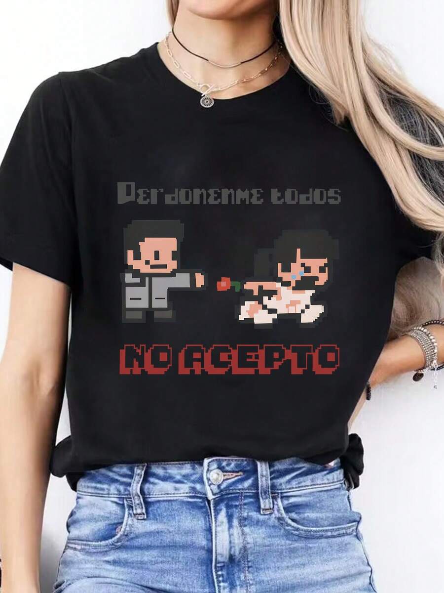Women's Casual T-Shirt With Round Neck And Spanish Letter Print - "No Acepto" Design, Short Sleeve, Medium Stretch, Spring/Summer Top For Casual Wear, Casual Summer Top | Playful Graphic T-Shirt | Medium Stretch - 黑色 - 查看 1