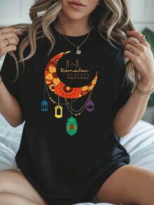 Camiseta de Mujer con Estampado Gráfico Árabe de Linterna Colorida y Luna Naranja, Ramadán Mubarak, Manga Corta, Cuello Redondo, Casual, Primavera-Verano, para Uso Diario, Regalo para las Fiestas - Negro - Ver 6