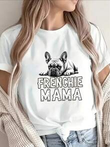 French Bulldog Mom T-Shirt, Women's Short Sleeve Top, Ideal For Casual Wear At Home Or On Outings, Lightweight And Durable Design With Graphic Print, Great For Dog Enthusiasts In The Kitchen, Living Room Or Outdoor Environments - [白色的] - 查看 1