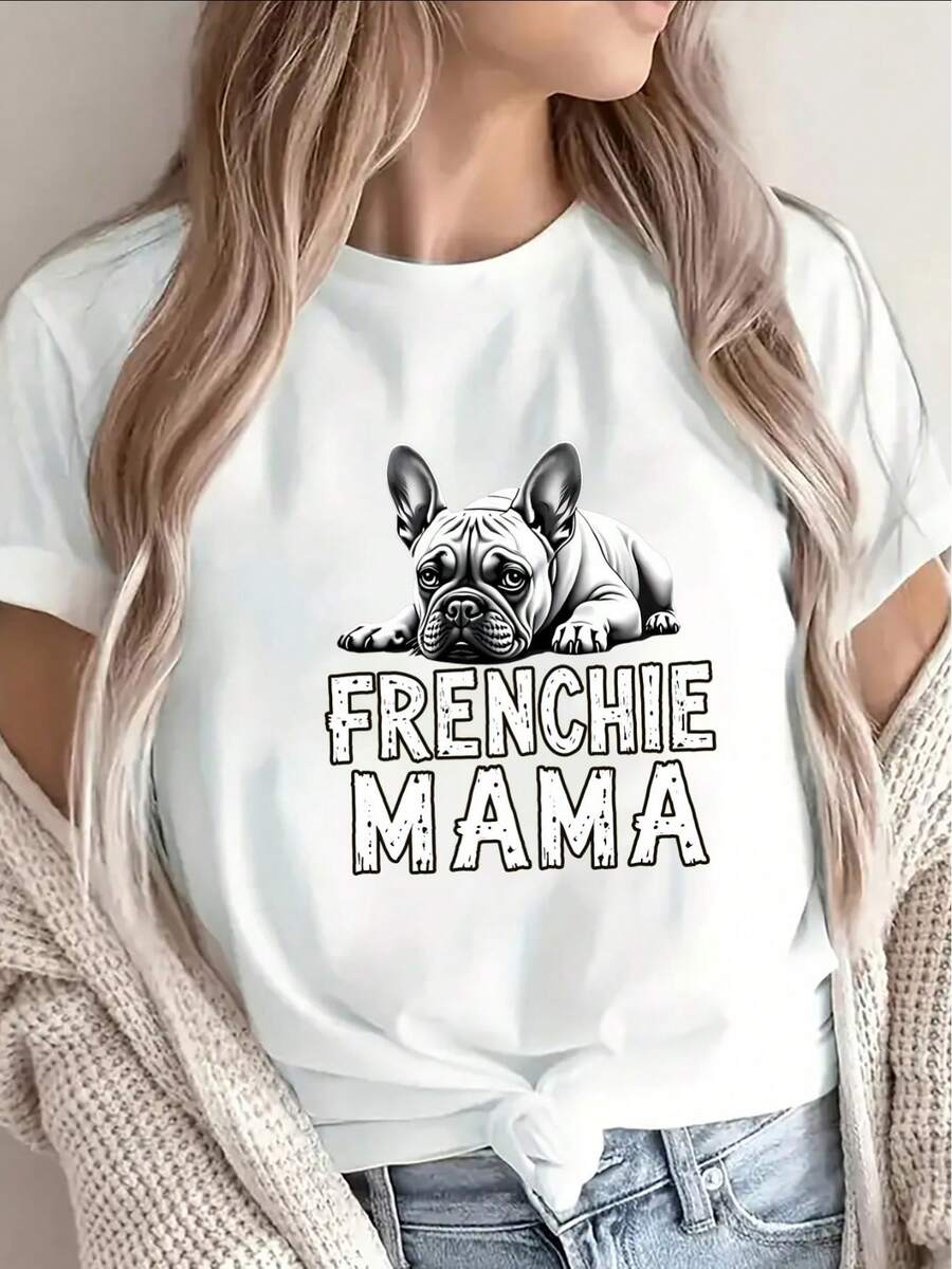 French Bulldog Mom T-Shirt, Women's Short Sleeve Top, Ideal For Casual Wear At Home Or On Outings, Lightweight And Durable Design With Graphic Print, Great For Dog Enthusiasts In The Kitchen, Living Room Or Outdoor Environments - [白色的] - 查看 1
