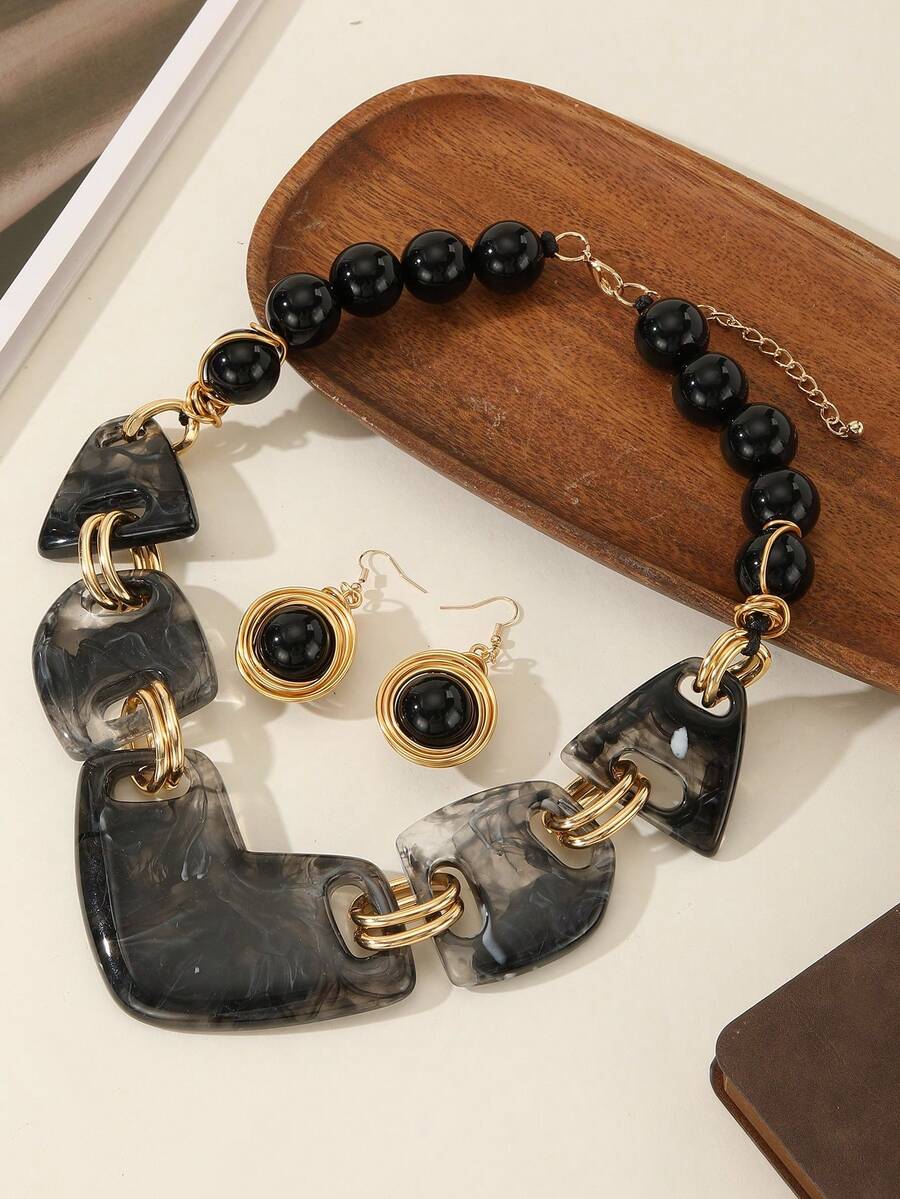 新款复古夸张波西米亚海滩度假几何项链套装(女士款) - 黑色 - 查看 1