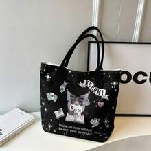 Miniso Sanrio Kuromi Fortune Teller Canvas Tote Bag, Black Star Print Shoulder Bag For Daily Use - White - View 5