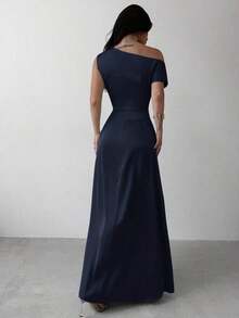 Vestido elegante asimétrico de hombro con pliegues y bajo de cola de sirena en color verde, adecuado para citas, vacaciones, bodas, eventos, regreso a la escuela, graduación, vestido de dama de honor formal, vestidos elegantes para mujer - Azul marino - Ver 2