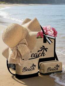 Beach Themed Tote Bag Set With "Beach" Lettering And Palm Tree Graphics. This Fashionable Foldable Beach Bag Is Perfect For Swimming And Beach Trips. It Can Also Be Used As A Women's Shoulder Bag, Grocery Shopping Bag, Or Multipurpose Storage Bag. Chic Commuter Handbag - Multicolor - View 17