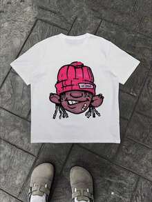 Camiseta Casual con Estampado de Dibujos Animados para Hombre, Talla Grande, Manfinity , Verano - Negro - Ver 1