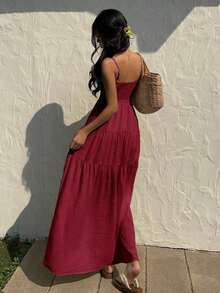 Vestido con escote de tubo plisado de tela texturizada color melocotón claro, con tirantes finos, cintura suelta, estilo relajado para vacaciones - Burdeos - Ver 2