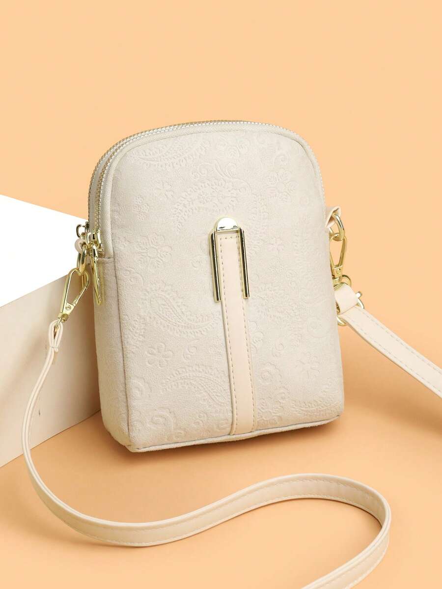 New Women's Crossbody Bag Vintage Pattern Fashion Shoulder Bag Faux Suede Material Same Color Adjustable Detachable Shoulder Strap, Suitable For Daily Outings Portable Commuting Travel Versatile - White - View 1