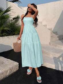 Vestido con escote de tubo plisado de tela texturizada color melocotón claro, con tirantes finos, cintura suelta, estilo relajado para vacaciones - verde menta - Ver 4