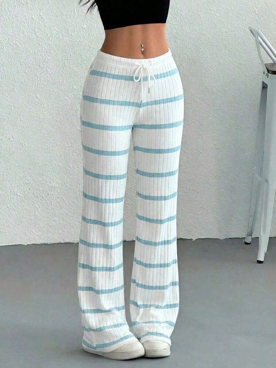 Pantalones casuales de mujer con cintura con cordón acanalado, para primavera/otoño - Azul - Ver 1