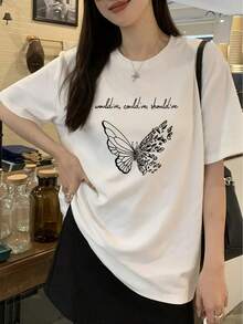 Women's Cotton T-Shirts With Round Neck, Casual T-Shirt With Butterfly And Letter Print, Casual Short Sleeve Top With Round Neck For Spring And Summer, Simple T-Shirt For Everyday Women's Use. - 白色 - 查看 5