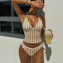 Nuevo conjunto de bikini de tres piezas con tela a rayas especiales y pantalones cortos para mujer. - raya - Ver 6