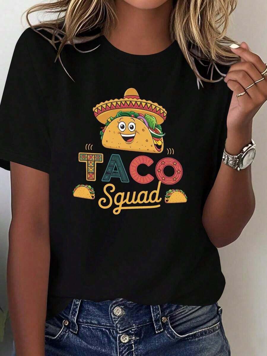 Loose Women's Lightweight Mexican-Themed "Taco Squad" T-Shirt - 100% Soft And Casual, Featuring A Wide-Brimmed Hat Design And Taco Print, Adorable Smiling Tacos, And The "Taco Squad" Logo. Perfect For Mexican Party Outfits And Everyday Wear (Black). 100% Cotton, A Popular Choice. Basic Cotton Crew Neck T-Shirt For Women. - 黑色 - 查看 1
