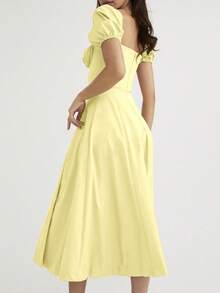 Vestido largo liso estilo francés con mangas burbuja y abertura alta primavera 2026 - Amarillo - Ver 3