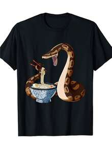 Comfortable T-Shirt With A Unique Ramen Snake Design, Breathable Stretch Crew Neck Casual T-Shirt For Everyday Wear, Comfortable Graphic Print T-Shirt, All-Season T-Shirt For Daily Outdoor Activities - 黑色 - 查看 6