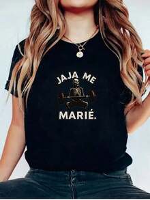 1 Beautiful Women's Blouse, Women's Clothing Sets, 180G Black And White T-Shirt With JAJA ME MARIE Print, High Quality, Printed, Round Neck, Basic Loose Fit, Breathable, Machine Washable, Comfortable Size S~3XL, Casual Daily Essential For Summer Sports. Lightweight And Breathable - 白色的 - 查看 8