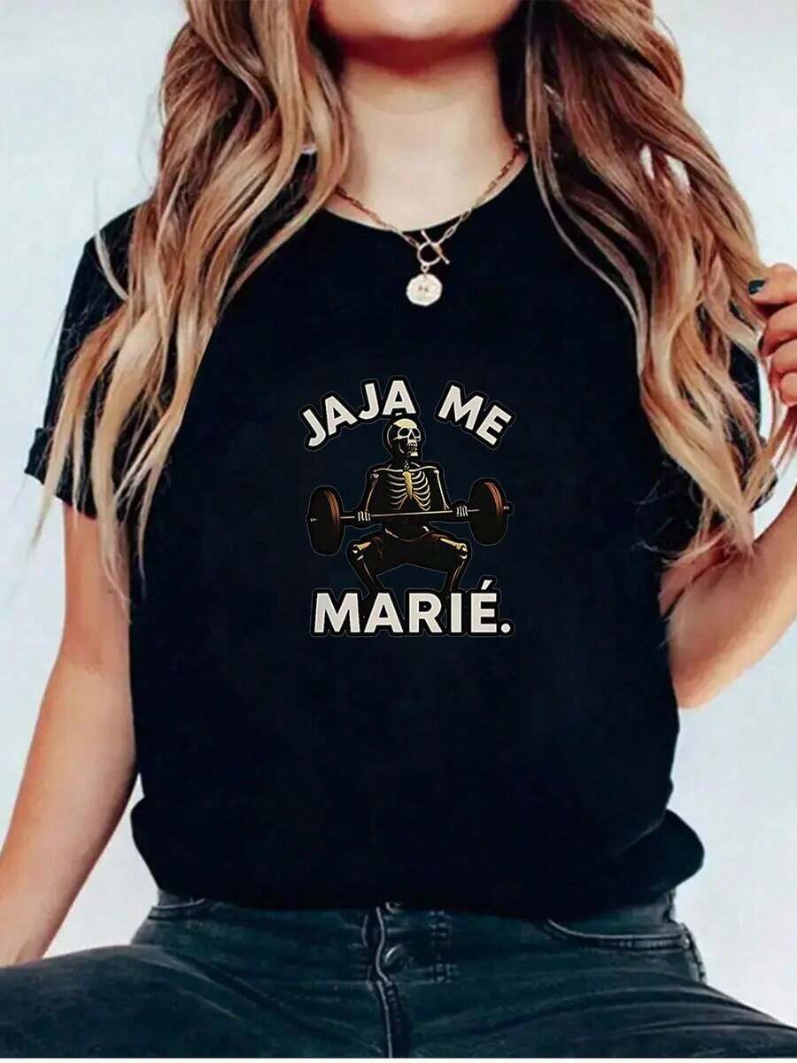 1 Beautiful Women's Blouse, Women's Clothing Sets, 180G Black And White T-Shirt With JAJA ME MARIE Print, High Quality, Printed, Round Neck, Basic Loose Fit, Breathable, Machine Washable, Comfortable Size S~3XL, Casual Daily Essential For Summer Sports. Lightweight And Breathable - 黑色 - 查看 1