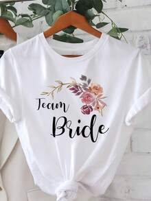 Camiseta de Mujer "" con Estampado Floral para Novia, Camiseta para Despedida de Soltera, Preparación de Boda, Estilo Fresco y Romántico, Manga Corta, Ropa Casual de Calle para Mujer - Blanco - Ver 1