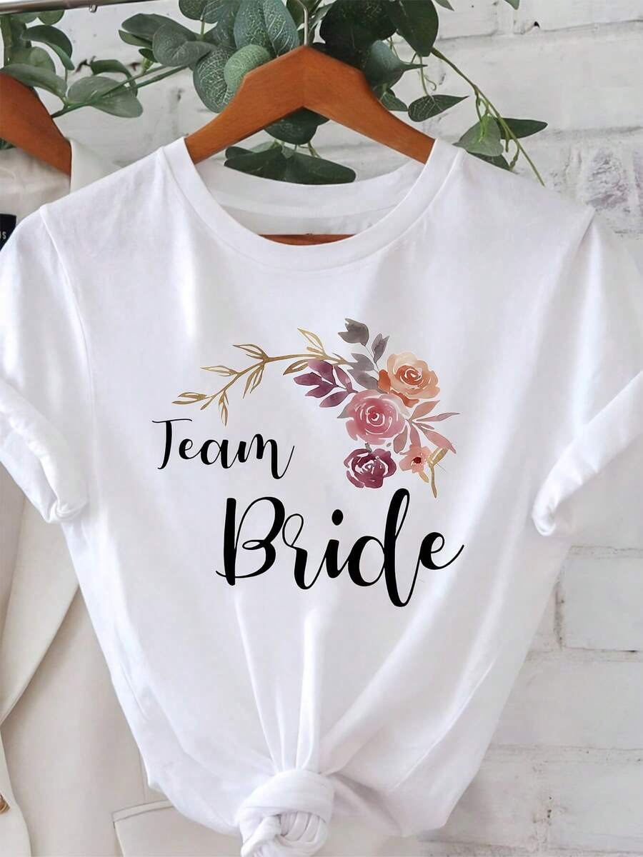 Camiseta de Mujer "" con Estampado Floral para Novia, Camiseta para Despedida de Soltera, Preparación de Boda, Estilo Fresco y Romántico, Manga Corta, Ropa Casual de Calle para Mujer - Blanco - Ver 1