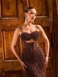 Chocolate Fish Tail Dress - 3D Sequin Hollow Evening Gown, Heavy Sequin Tassel Party Dress, Back To School Party Dress Wedding Fall - Brown - View 3