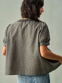 Camisa casual retro a cuadros con cuello redondo, volantes fruncidos y mangas con volantes para mujer - Amarillo - Ver 2
