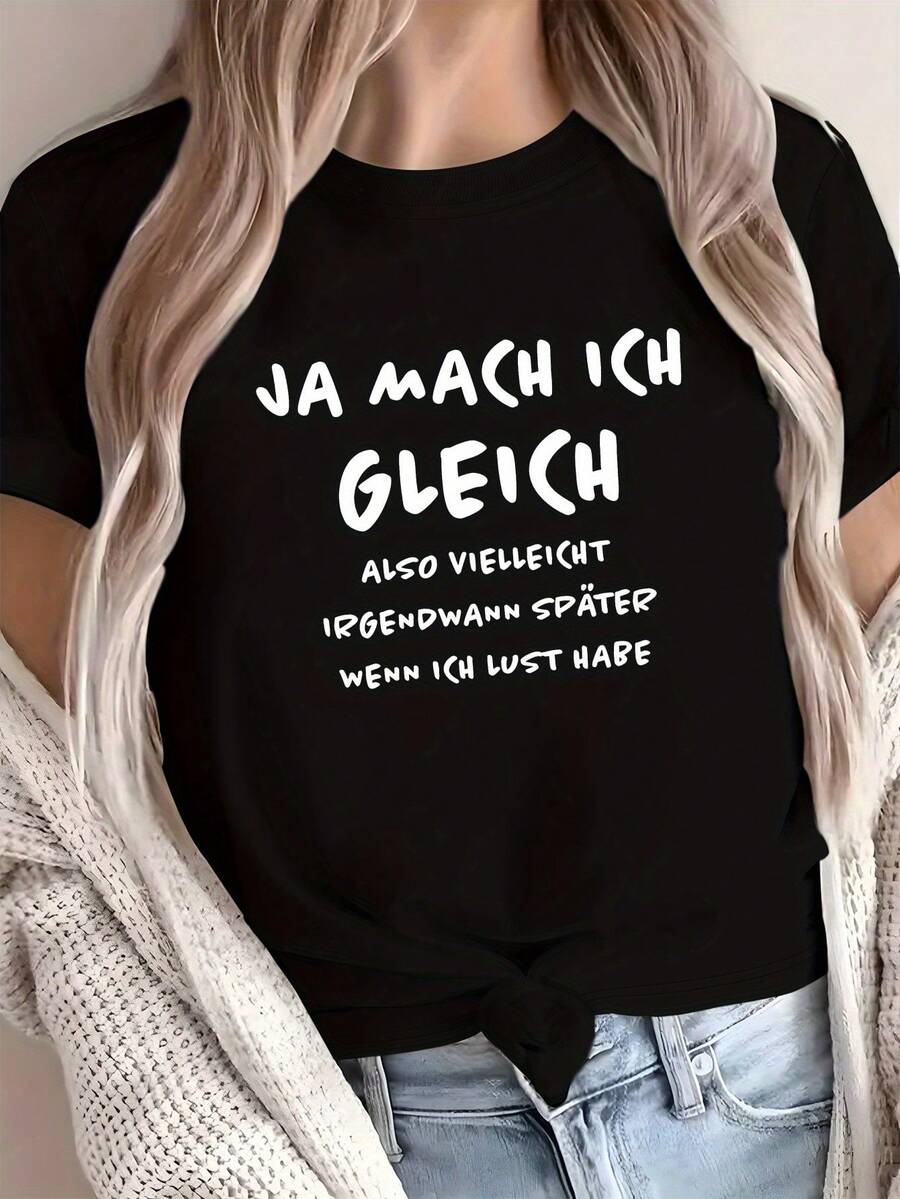 Women's T-Shirt With German Quote - "Ja Mach Ich Gerne" Comfortable Fit, Casual Crew Neck, Short Sleeves, Soft And Sheer, Black With Red Text, Perfect For Casual Wear, All-Season Top | Embossed Text T-Shirt | Comfortable Fit - 黑色 - 查看 1