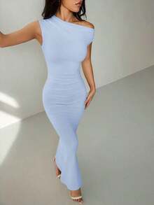 Ropa de verano, atuendos para citas diarias y viajes, atuendos de fiesta, atuendos interiores elegantes para mujeres, atuendos para salir, vestido asimétrico de sirena extra largo con hombros caídos, atuendos de club para mujeres, atuendos de - Celeste - Ver 7
