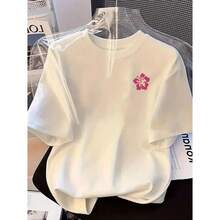 Women's Short-Sleeved Cotton T-Shirt With Round Neck, White, Soft, Breathable, Casual, Summer, With A Cute Pink Hibiscus Flower Print, T-Shirt For Everyday Wear. - 白色 - 查看 5