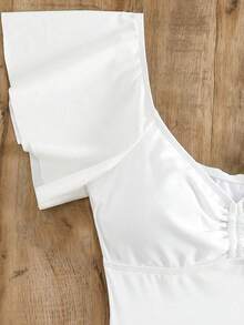 Swim Mod Traje de baño de una pieza sólida con diseño fruncido, ribete de volantes, ideal para la playa en verano - Blanco - Ver 5