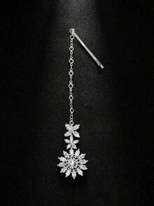 1pc Floral Hair Chain, Luxury Design Cubic Zirconia Forehead Pendant, Traditional Bridal Headpiece,Head Chain,Hair Jewelry - Silver - View 8