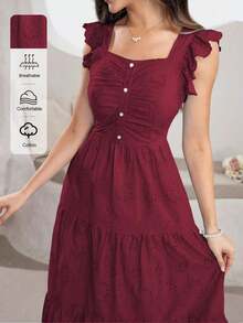 Vestido azul con cuello cuadrado, sin mangas, con volantes, botones de perla y bordado - Burdeos - Ver 2