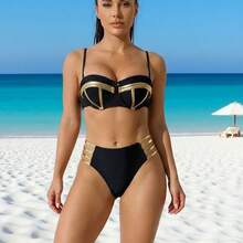 Traje de baño de dos piezas para mujer, bikini sexy con decoración de lámina dorada, push-up, traje de baño sexy para mujer, estilo "pure desire hot girl". - Negro - Ver 2