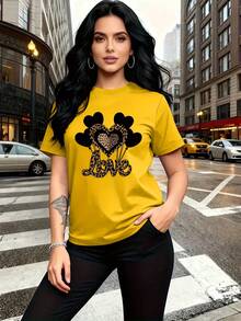 A Combination Of Wildness And Tenderness, This Black Heart-Shaped Balloon Pattern Print With Leopard Print Is Fashionable And Stylish. This Simple, Casual, Round-Neck, Short-Sleeved Women's T-Shirt Is Suitable For Activities Such As Leisure, Tourism, And Vacations. 13419 - Daily Wear, Easy To Wash And Maintain - 黃色 - 查看 2