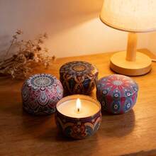 6 piezas Frascos de vela estilo bohemio con tapas estampadas, perfectos para principiantes en la fabricación de velas. Estos recipientes versátiles se pueden utilizar para almacenamiento o fabricación de velas, lo que los convierte en regalos ideales - Patrón bohemio - Ver 5